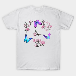 Pink purple butterflies and magnolia flowers T-Shirt